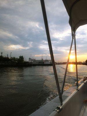 On the boat to the barge