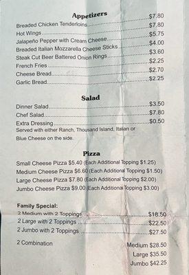 Menu (10/22/23): Appetizers, Salad, & Pizza