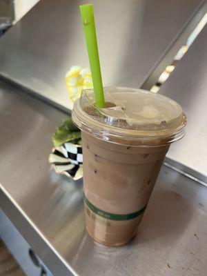 Large iced Bengal latte with oat milk