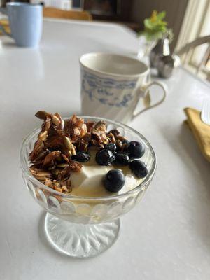 First course of breakfast: parfait with homemade granola (no almonds, to accommodate an allergy)