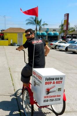 Weston on Big Red. Our Eco Friendly Locksmith Trike works Point Loma and San Diego beaches. Great for congested summer beach day lockouts.