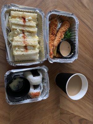 Egg salad sandwich, fried shrimp, salmon onigiri, chicken salad onigiri, okinawan latte.