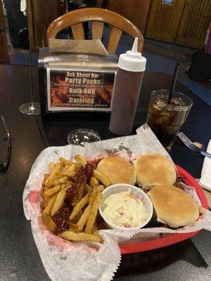 One of each slider, fresh cut fries, coleslaw, rum and Diet Coke, extra BBQ sauce.