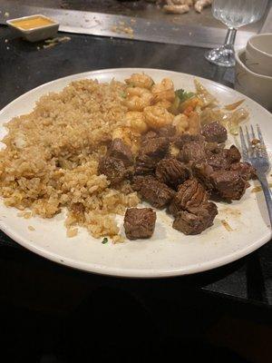 Dinner for Two- Filet Mignon Steak & Shrimp with fried rice and vegetables.