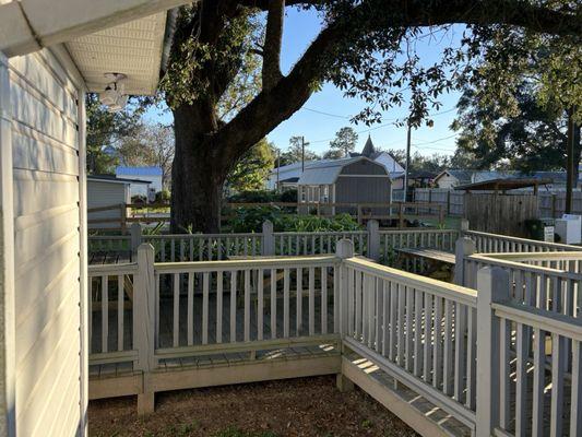 Picnic tables under giant live oaks allow for relaxed reading outdoors.