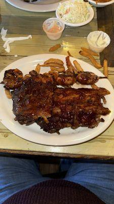 Half rack of ribs and skewer of shrimp