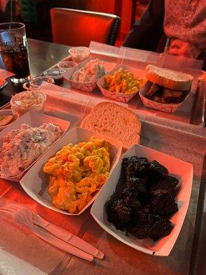 Platter with Mac n Cheese, Potato Salad, and Burnt Ends