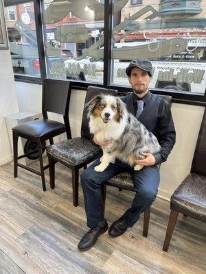 Johnny and Dusty. The shop dog.