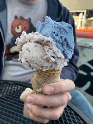 Butterfly pea flower tea (blue) and honey lavender blueberry (creamy grey-lavender) on a cone