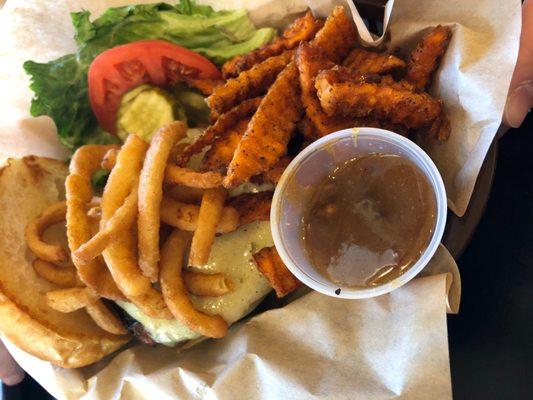 Burnt end burger with sweet potato fries