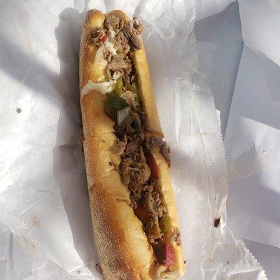 Cheese steak w/ onions, peppers, mushrooms, and provilone