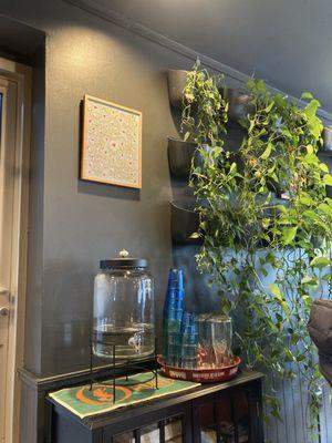 Inside decor with live greenery and a self-serve water station.