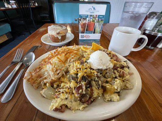 Ballard Industrial Scramble with a cinnamon roll substituted for the toast option and a cup of coffee.