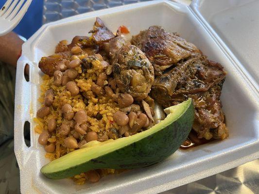 Chicken stew, rice and beans