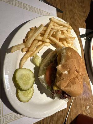 Bacon cheese burger and French fries   A great burger