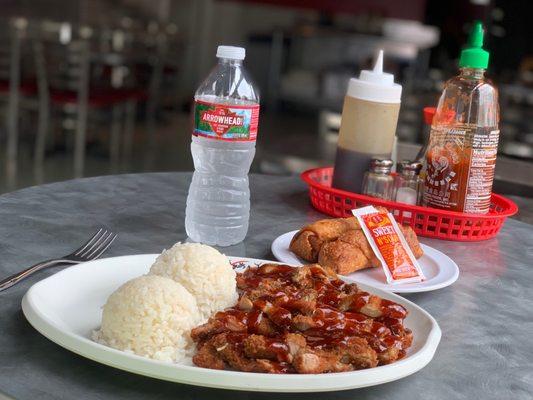 Chicken Katsu with rice and crispy Egg Rolls