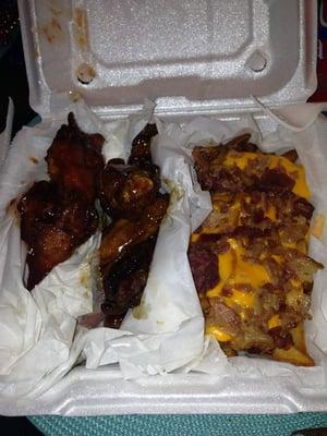 Hot BBQ & bourbon wings & bacon & cheddar wedges