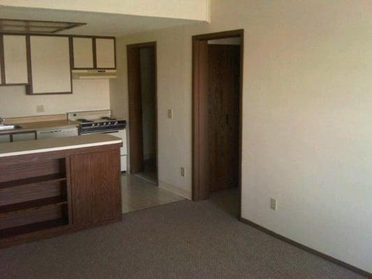 Basic apartment with breakfast bar and wallpaper.  Breakfast bars are not available in every unit.