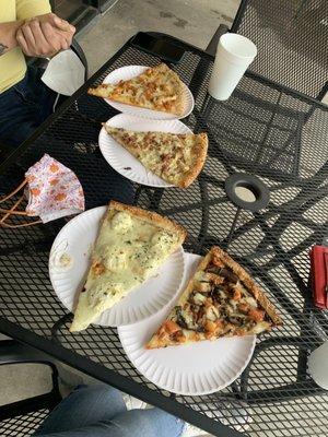 Two vegetarian slices on the right, two chicken slices on the left