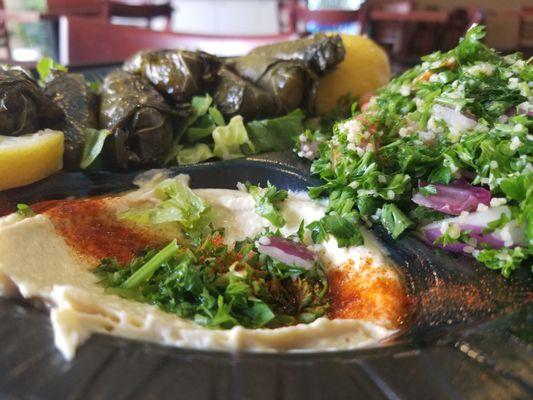 Combo #3: meat grapeleaves, hummous, and tabbouli salad.