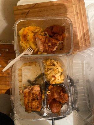 Salmon Dinner Special (Garlic Butter) with Candied Yams and Macaroni & Cheese