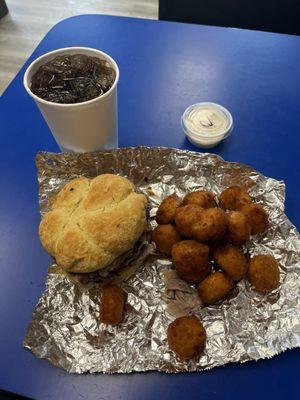 Pit beef,tots,drink.  The root beer was good!