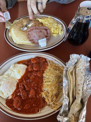 Chile con carne and pancakes.