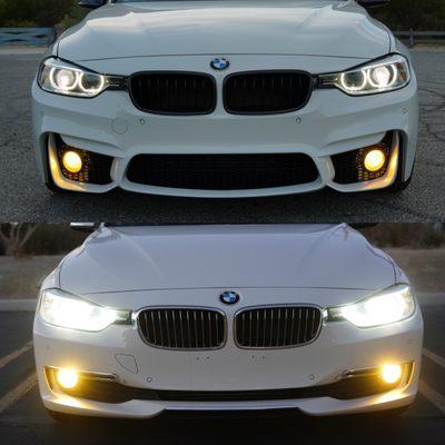 Before and after photos of custom front bumper, fenders, side skirts, and rear bumper install in alpine white to match car perfectly.