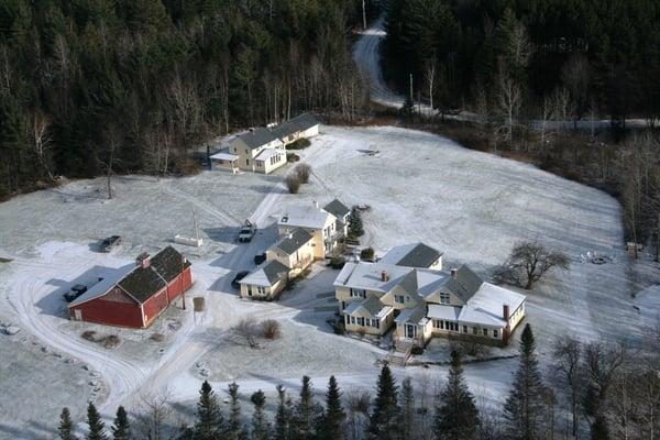 Aerial view of the Red Clover Inn & Restaurant, Carriage House, Barn & Farmhouse.