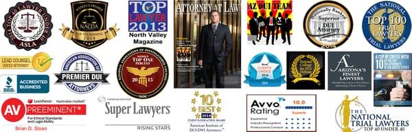 Attorney Brian Sloan:  Multi-Award Winning DUI Defense Lawyer, having won multiple awards for Top Arizona Lawyer and Top National Lawyer