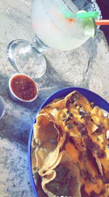 Beef fajita nachos and silver tequila margarita