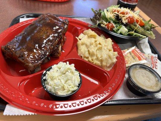 Rib platter (mac n cheese, cole slaw & substituted collard greens w/a side salad)