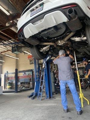 Flowmaster cat back exhaust install, some welding was needed to make it fit.