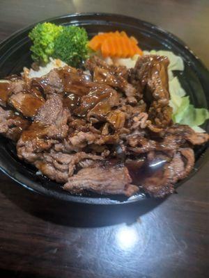 Very delicious. It's the steak bowl. Lots of meat and rice on bottom