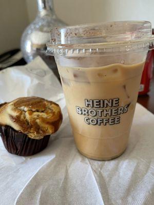 Pumpkin cream cheese muffin and iced beekeeper latte