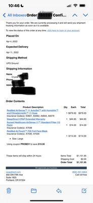 My previous order from cpapdirect.com. I'll be ordering from here and paying outright again. No insurance involvement.