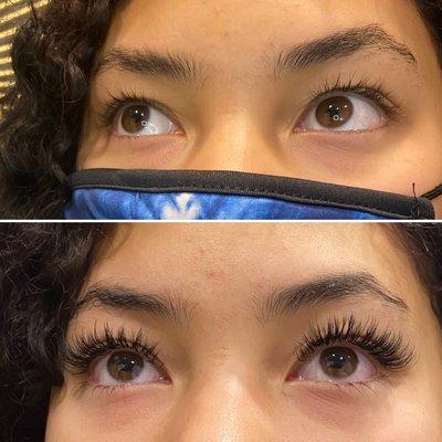 Eyelash extensions. Before and after, front view.