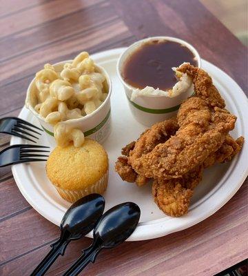 Chicken Tenders, Mac & Cheese, Mashed Potato & Gravy, & Cornbread