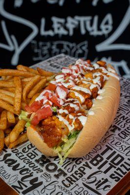 Fried chicken tenders diced up with spicy buffalo sauce