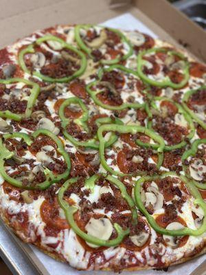 Pepperoni,green peppers and bacon