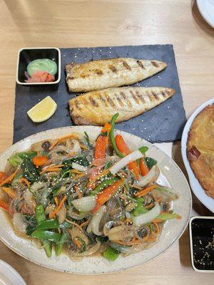 Grilled Mackerel Jobchae (vegetarian)