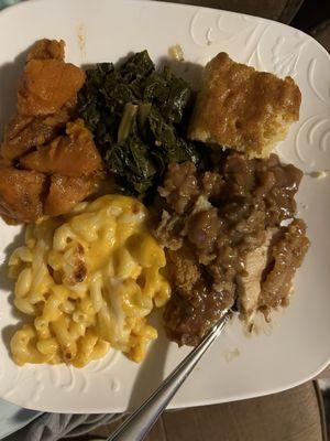 Mac and cheese Chicken fried steak and gravy Sweet potatoes  Greens Cornbread