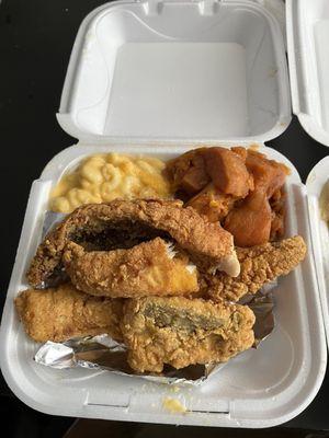 Fried whiting Yams and 3 Cheese Mac and Cream