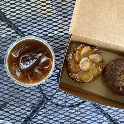 iced white chocolate latte, apricot almond tart, butterscotch coffee cake