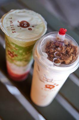 Strawberry Matcha Frappe & Belgium Cookie Milk Tea