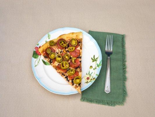 Gluten Free Pepperoni & Mushroom Pizza with Jalapenos.