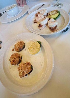 Lobster Stuffed Mushrooms and shrimp scampi