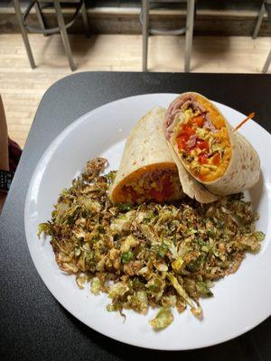 Classic breakfast burrito with crispy Brussels