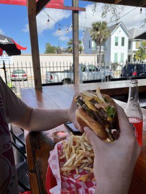 This is the double patty smash burger with pickles, onions, and lettuce.