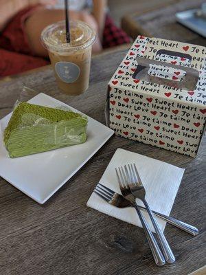 Slice of matcha crepe cake and the honey lavender latte